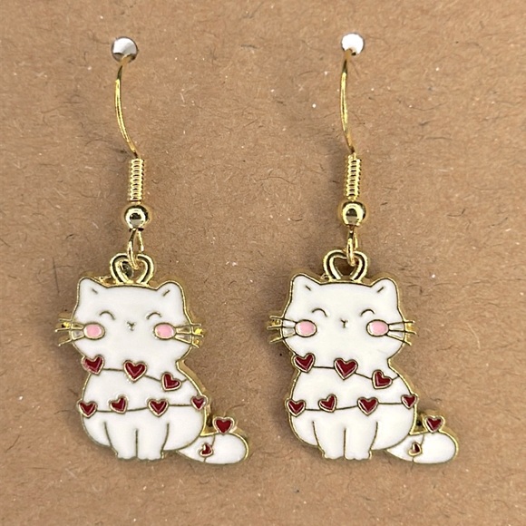 18k Gold Plated Hook Dangle Cat with Hearts Earrings - Picture 1 of 2